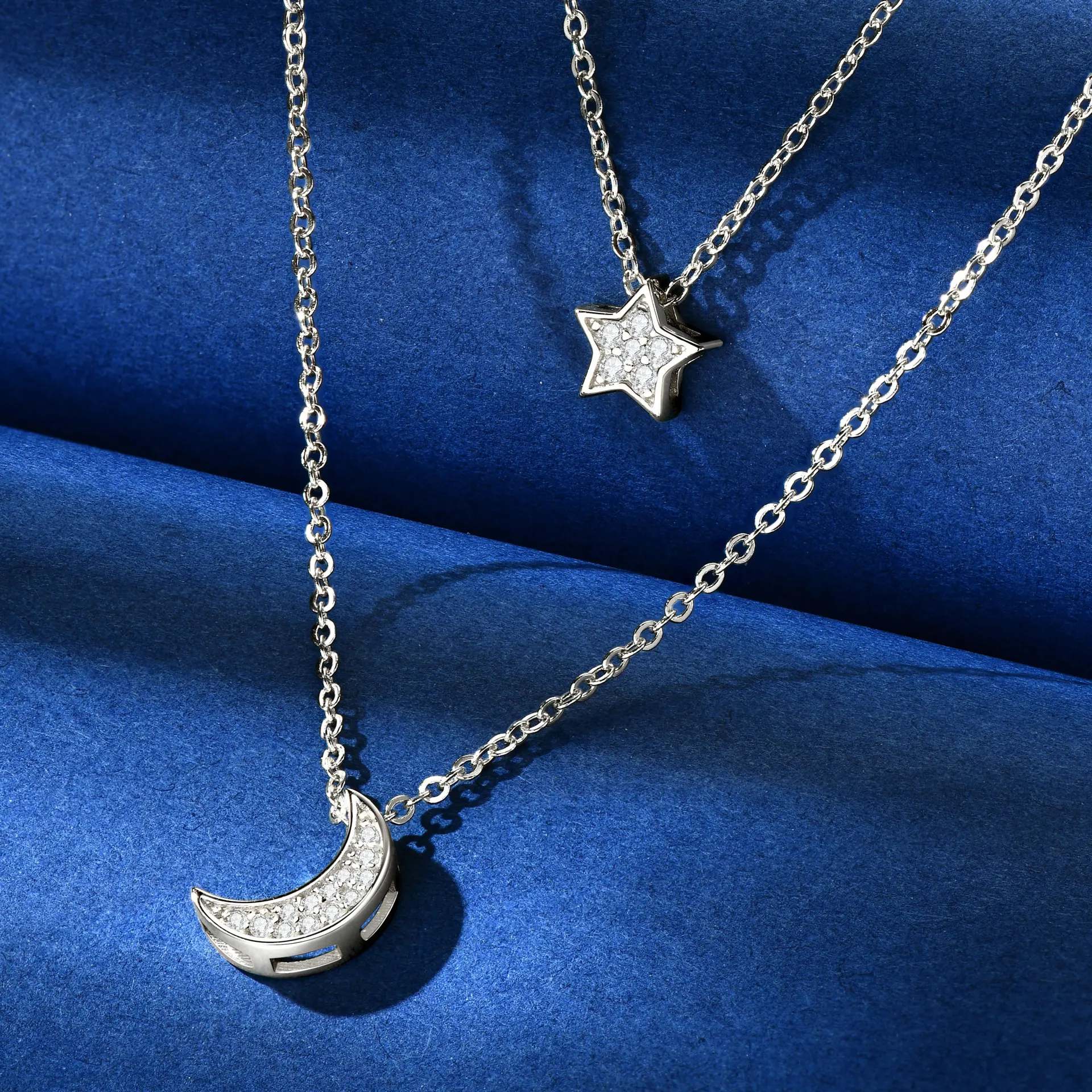 قلادة Sangshi بطبقة مزدوجة على شكل نجمة وقمر للنساء، طراز Ins، فضي عصري كوري و ياباني بسيط S925 Clavic #3