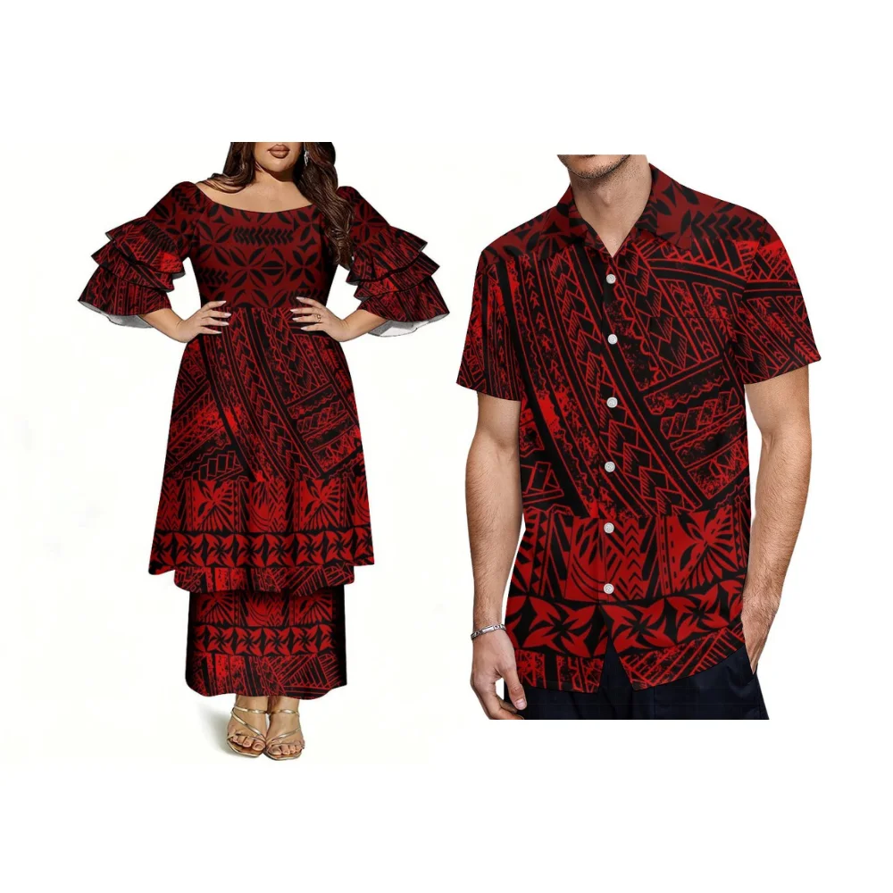 High-Quality Comfortable Fabric Polynesian Custom-Printed Couple'S Outfit Women'S Puletasi Three-Layer Sleeve Suit Dress