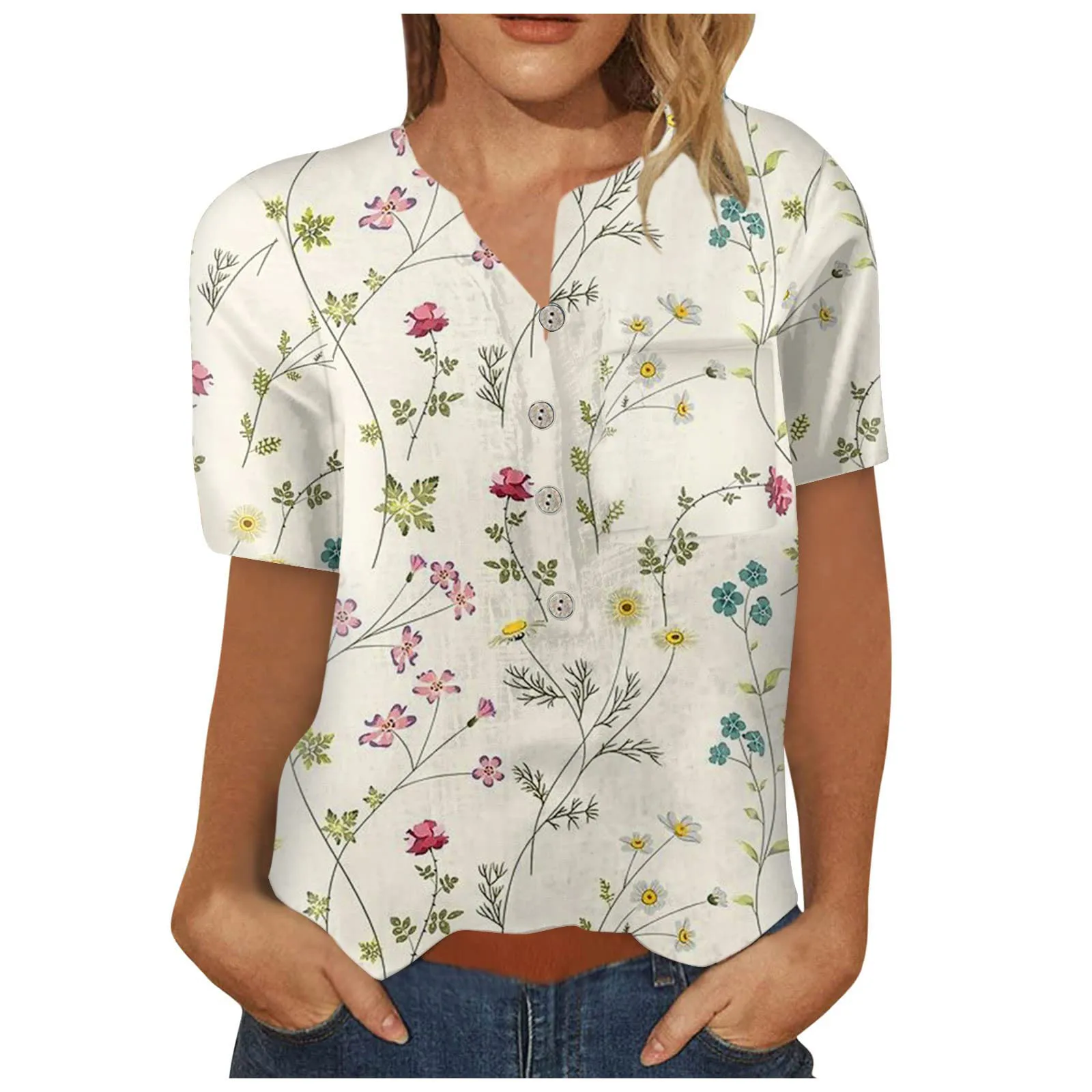 

2024 New Leisure Fashion Flower Pattern Slim Fit Printed Short Sleeved Women's Versatile Flower Pattern Minimalist Top WG19