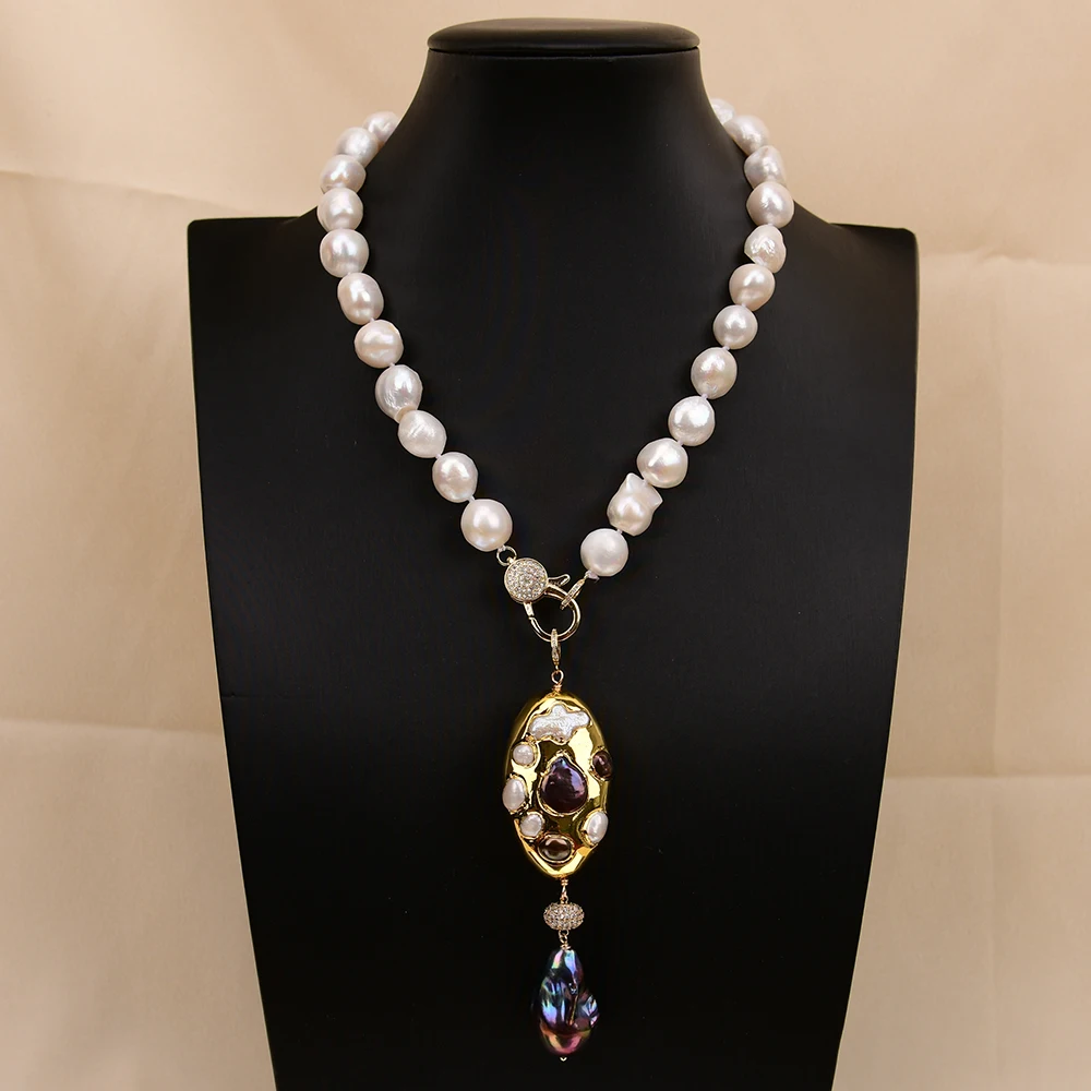 

G-G Natural White Baroque Pearl Choker Necklace Black Keshi Pearl Pendant CZ Clasp Jewelry Gifts