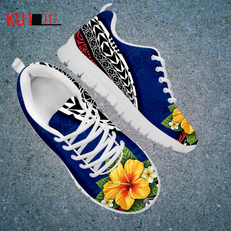 

KUILIU Flats Autumn Women Shoes Hawaiian Hibiscus Plumeria Print Ladies Lace-up Mesh Light Breathable Harajuku Shoe for Female