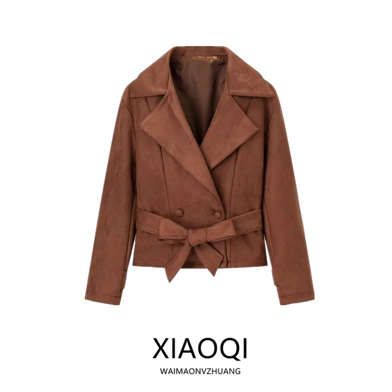 

Autumn 2025 Women's Design Loose Suede Double-breasted Suit Collar Jaet Versatile Outerwear Long Sve Tailored Look