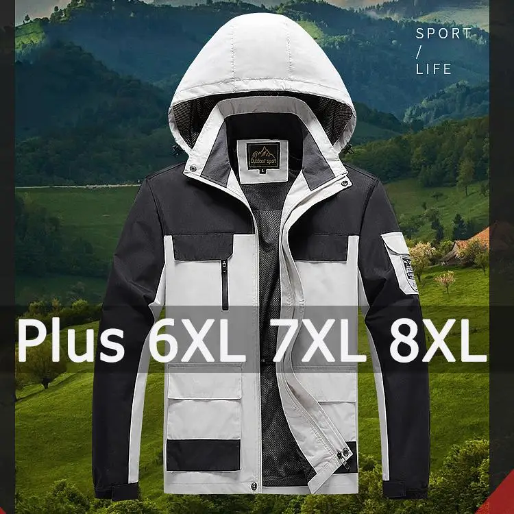 Chaqueta cortavientos para hombre, abrigo impermeable con capucha para exteriores, deportes, escalada en el campo, talla grande 5XL 6XL 7XL 8XL,