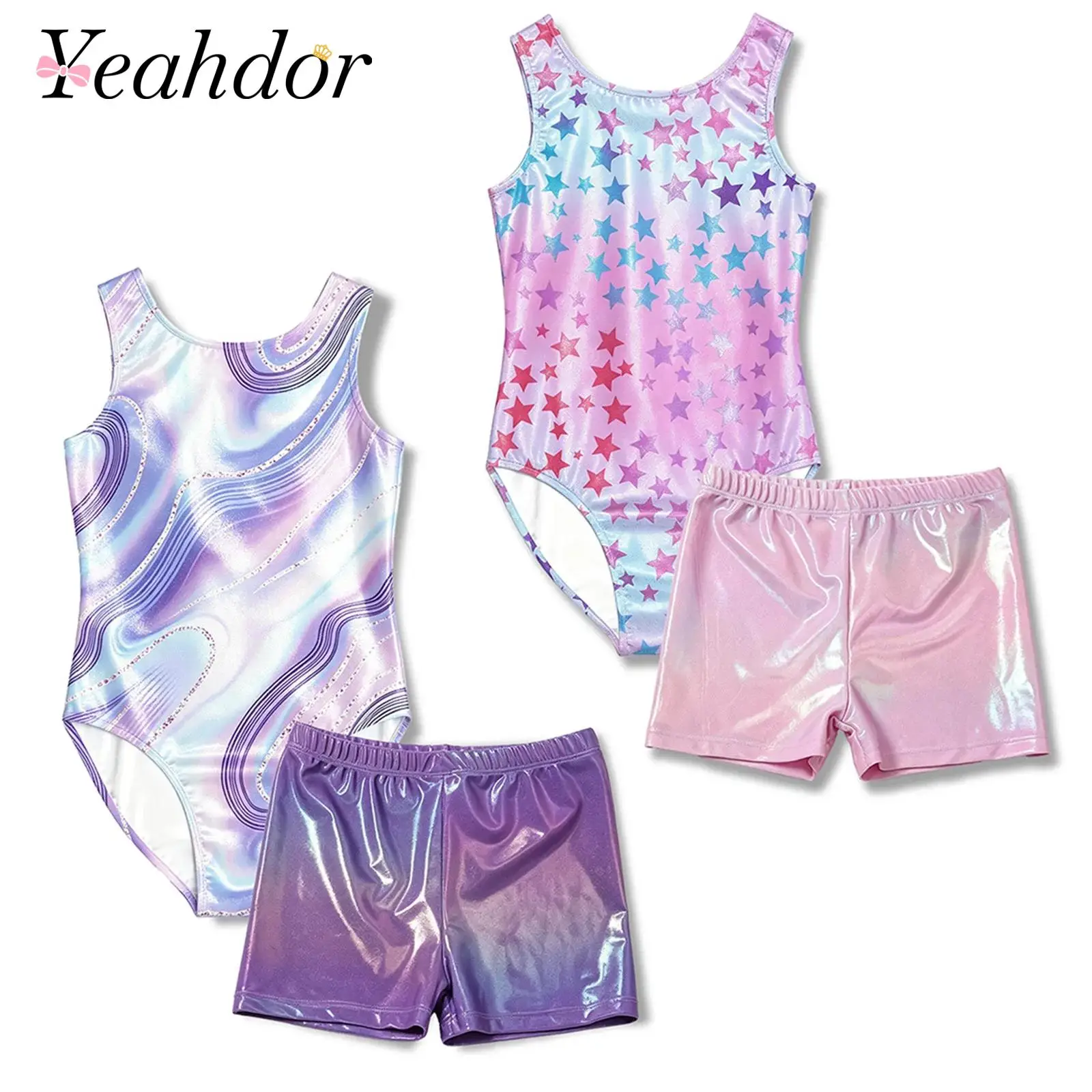 Kids Girls Gymnastics Dance Outfit Sleeveless Metallic Printed Leotard with Elastic Waistband Shorts Gymnastics Leotards Unitard