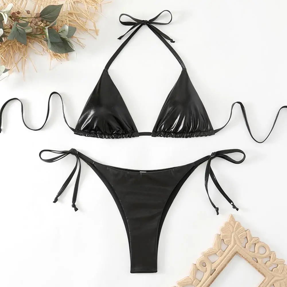 Sexy Bikini Set 2pcs Women Bikini Set Sexy Halter Bra with Lace-up Quick-drying Bronzing Surface Swimsuit Beachwear Summer