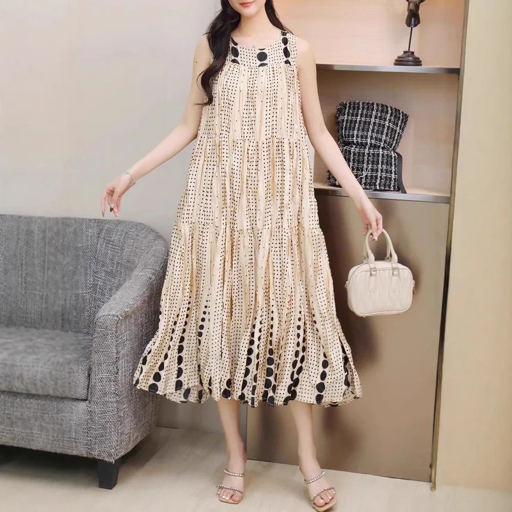 주름진 레트로 폴카 도트 드레스 여성 여름 편안한 매력적인 경량 민소매 해변 휴가 스타일 빅 스윙 스커트