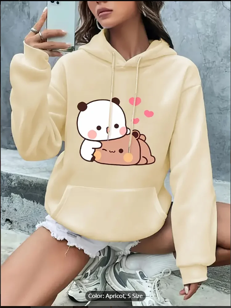 Long Sleeve Bear Print Hoodie Women'S Cute Bear & Heart Print HoodieLong Sleeve Knit Polyester Hooded Sweatshirt with Pocket