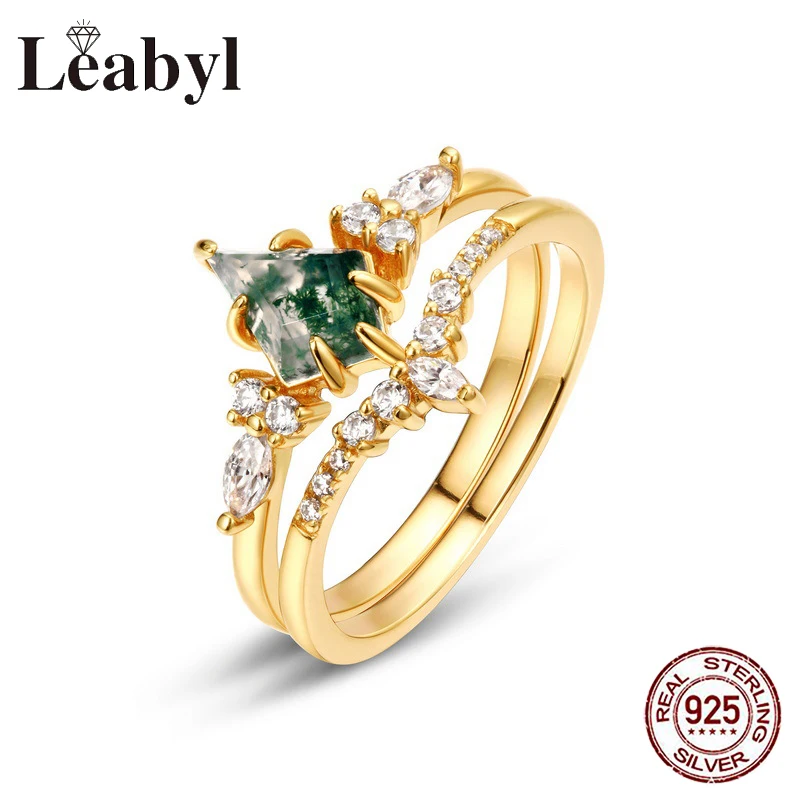 

Роскошные кольца из искусственного зеленого мха с камнем 925, двухслойные кольца золотого цвета с маленькой короной изменяемого размера для женщин, модный подарок