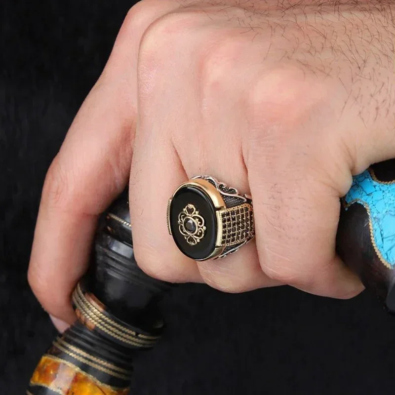 Retro Handmade Turkish Ring For Men Vintage Double Swords Black Zircon Rings Punk 2021 Trendy Islamic Religious Muslim Jewelry