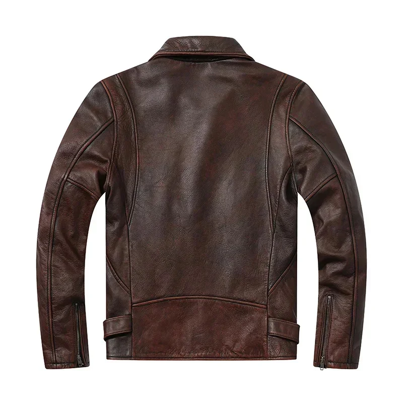 First Layer Cowhide Men's Motorcycle Riding Jacket Lapel Distressed Leather Slim Multi-Pocket Short