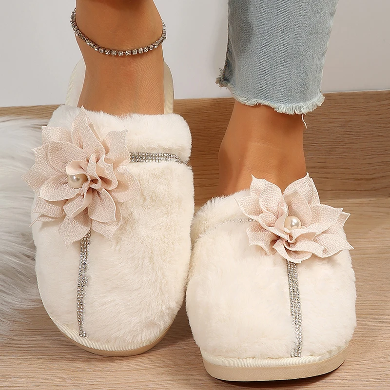 Fashion Flower Decor Furry Slippers Women Crystal Warm Fur Home Cotton Shoes Woman 2023 Winter Comfort Soft Sole Plush Slides