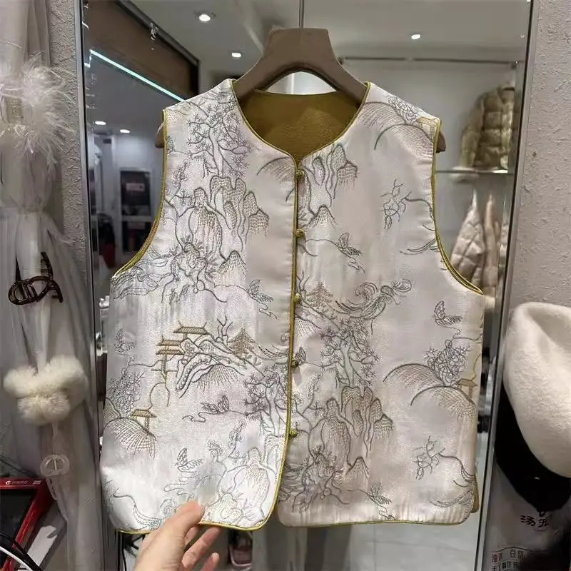 Floral Embroidered Vest Women Retro Chinese Vintage Ethinic Style Sleeveless Tops Oversized