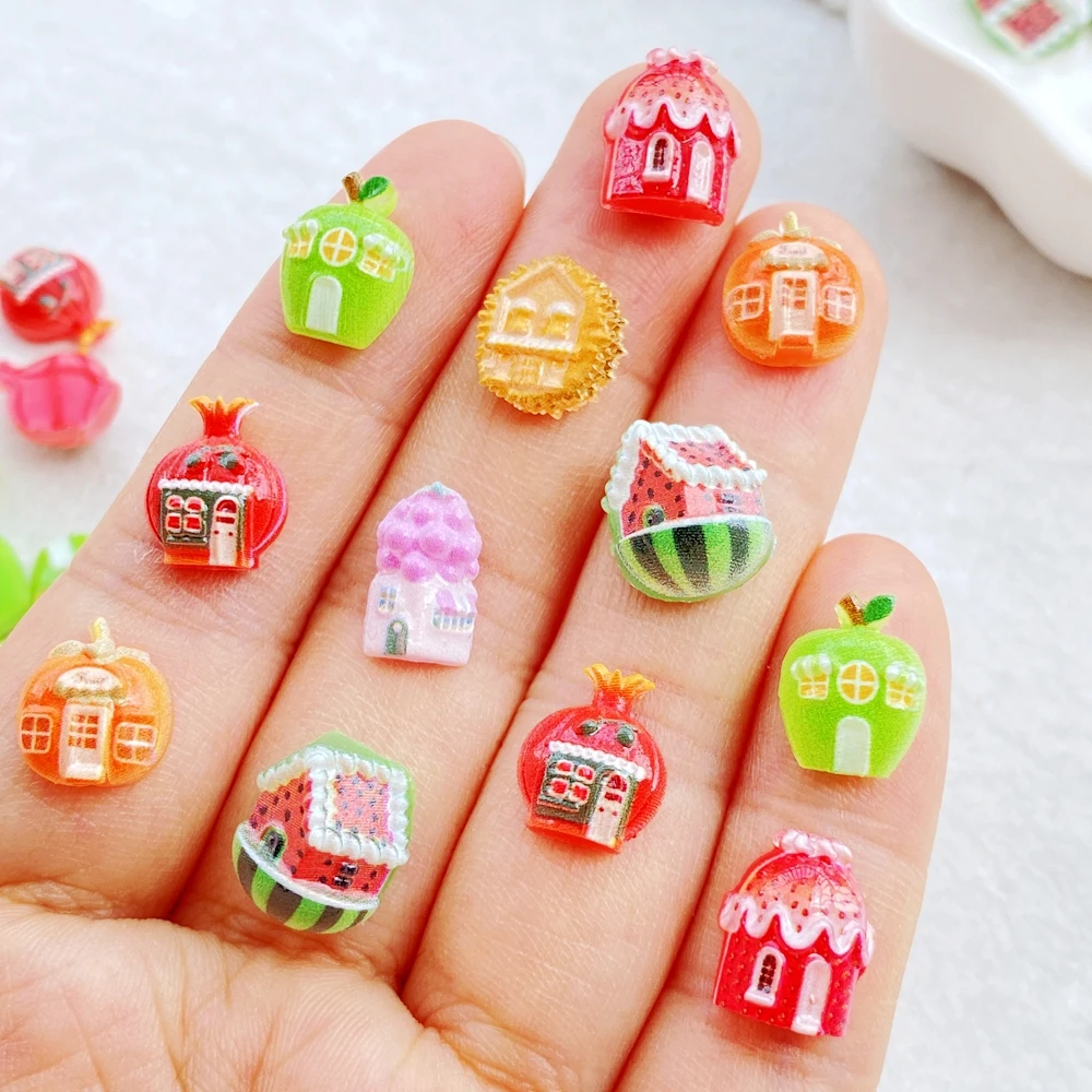 50pcs Resin Colorful Mini Strawberry Fruit House Nail Art Flatback Rhinestone Figurines DIY Miniatures Scrapbook Decor Crafts