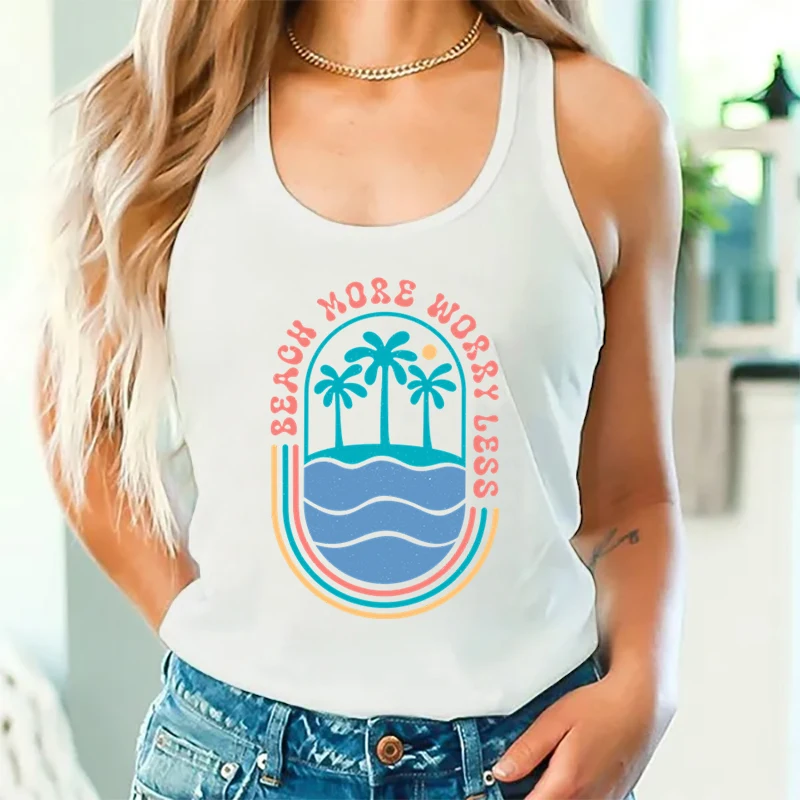 

Boho Beach Vacation Tank Top Woman Beach More Worry Less Print Summer Outfit Gift for Beach Lover Summer Holiday Racerback Tanks