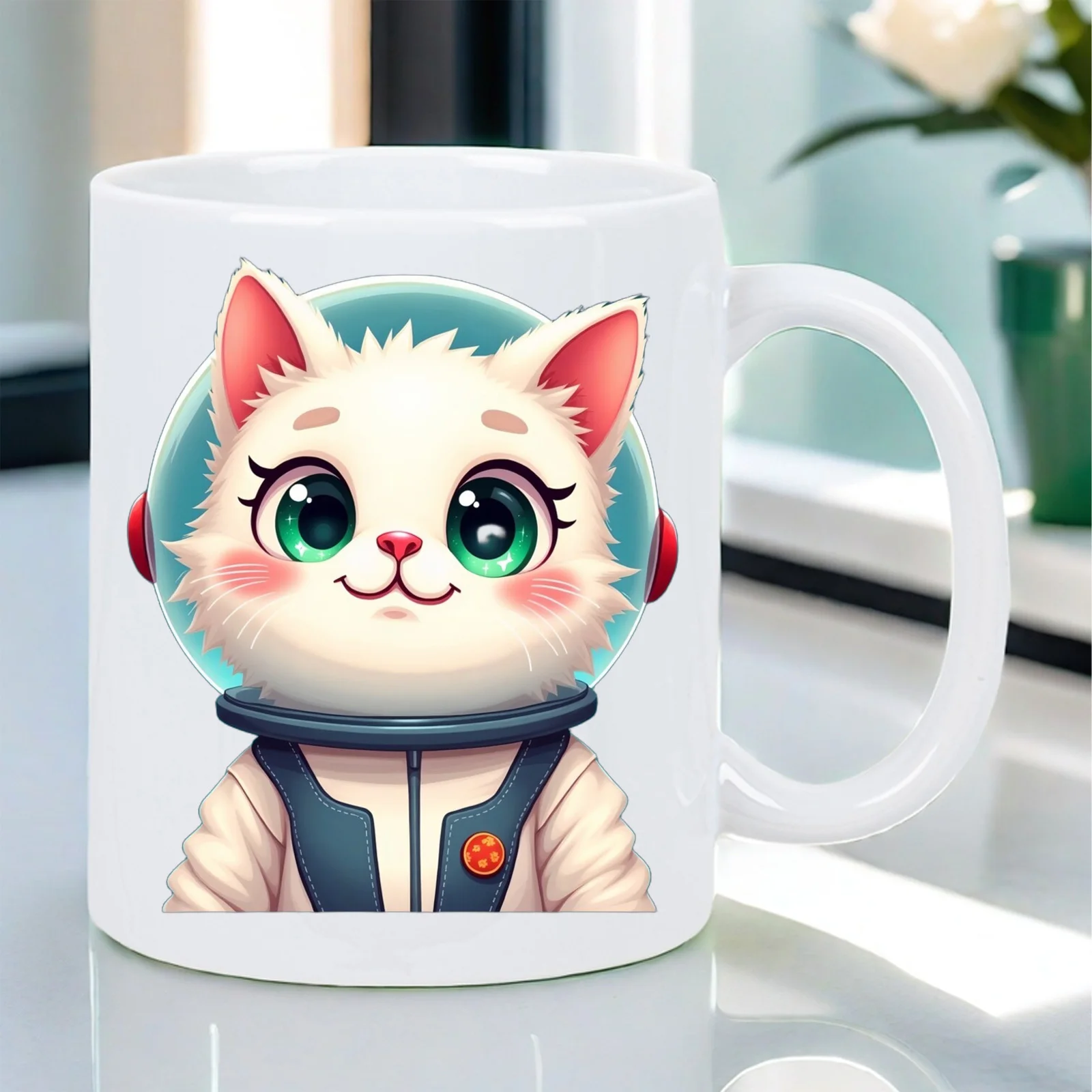Cute Astronaut Cat Space Ceramic Mug - Featuring a green-eyed cat and a starry helmet design, perfect for everyday office use.