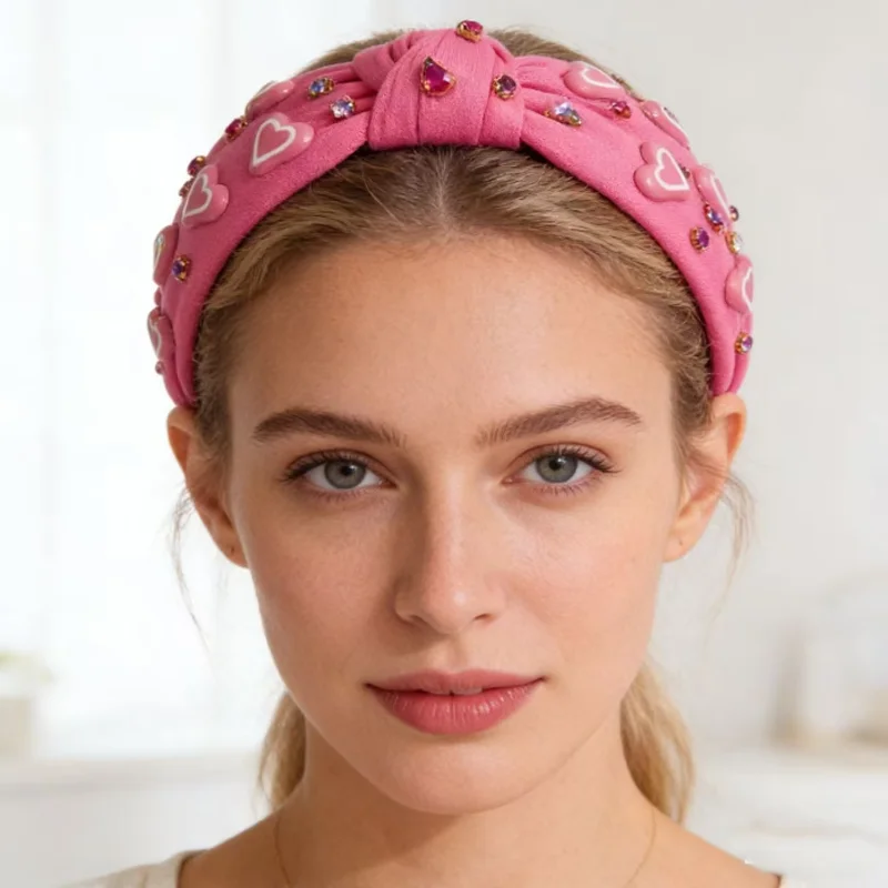 

Повязка для волос «Сладкое сердце» с широким краем, однотонная, с бриллиантовым декором, с узлом, для фестивалей, аксессуар для волос для женщин, для умывания лица