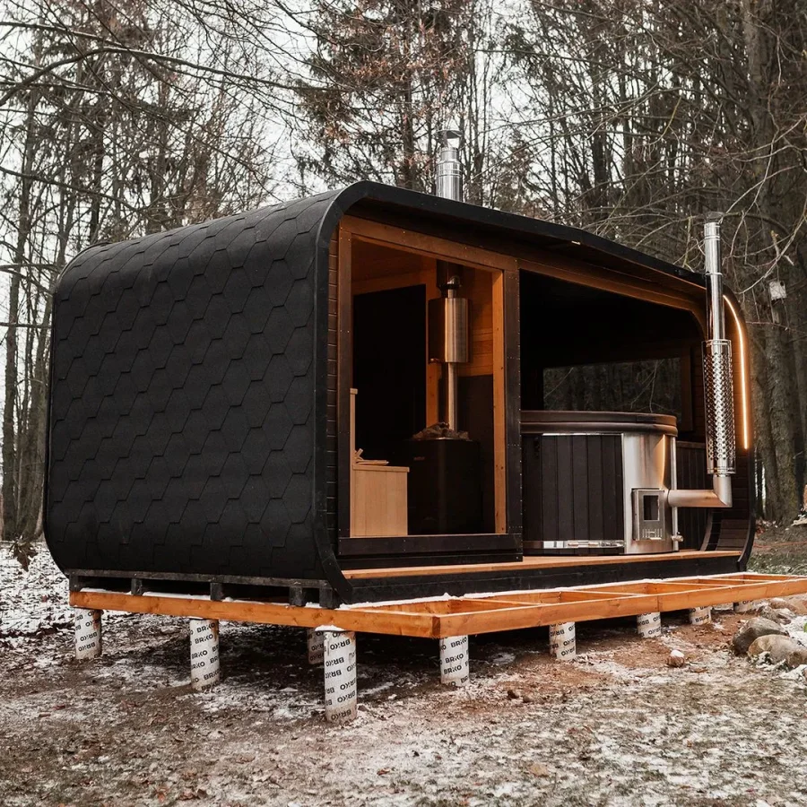 Outdoor SaunaModern Large Outdoor Red Cedar Wood Burning & Electric Sauna With Spa Bathtub For 2-6 People