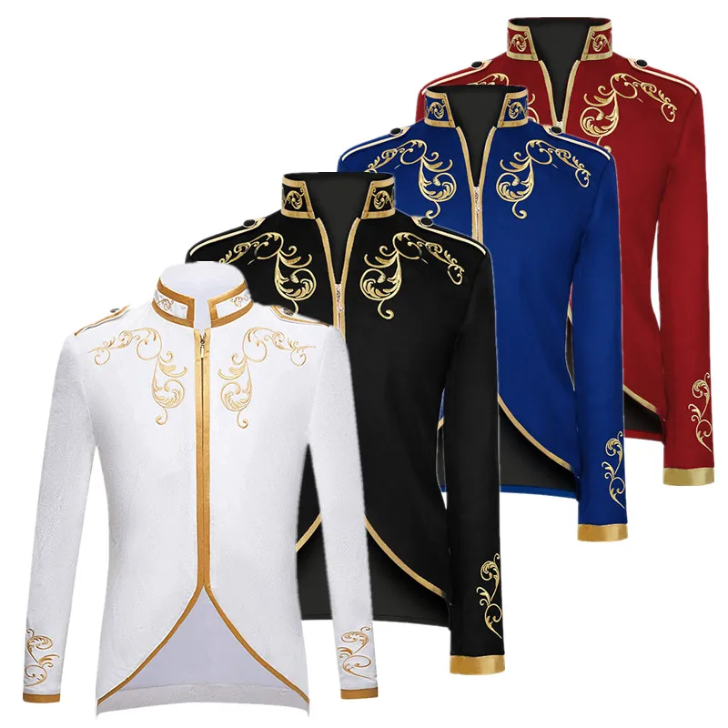 

British Style Men Standing Collar Embroidered Suit Jacket, Blue Men's Wedding Dance Party Patchwork Dress Coats.