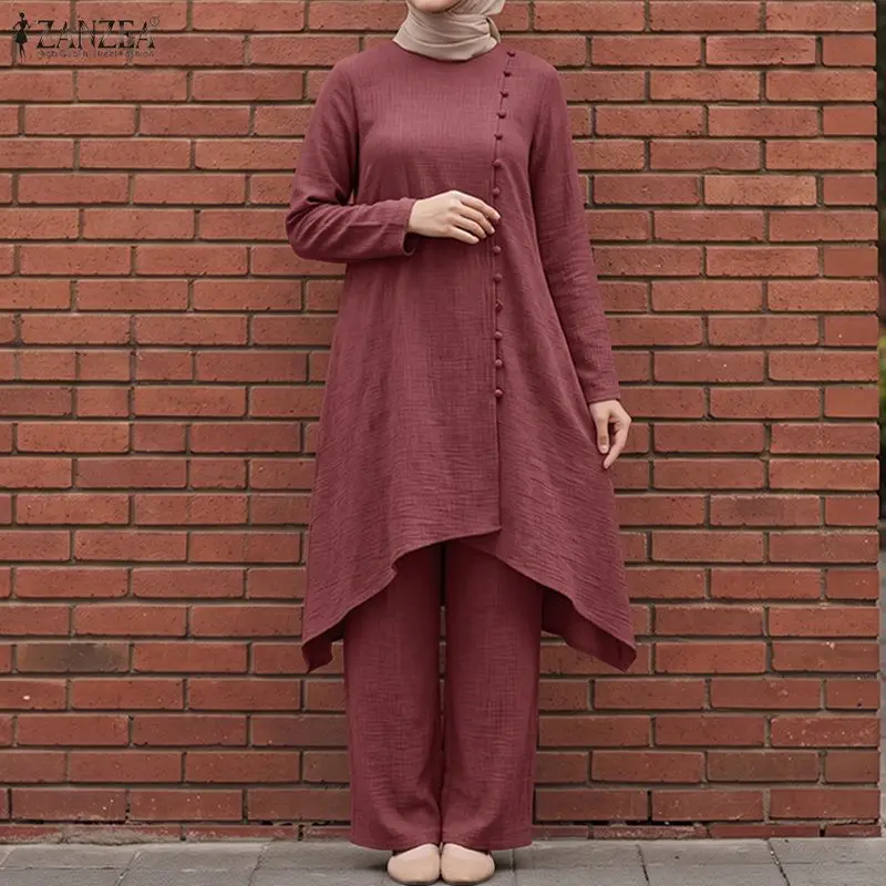 ZANZEA Women Muslim 2 Pieces Sets Casual O Neck Full Sleeve Long Tops With Wide Leg Pant Sets Abaya Suit Kaftan Ramadan Outfits