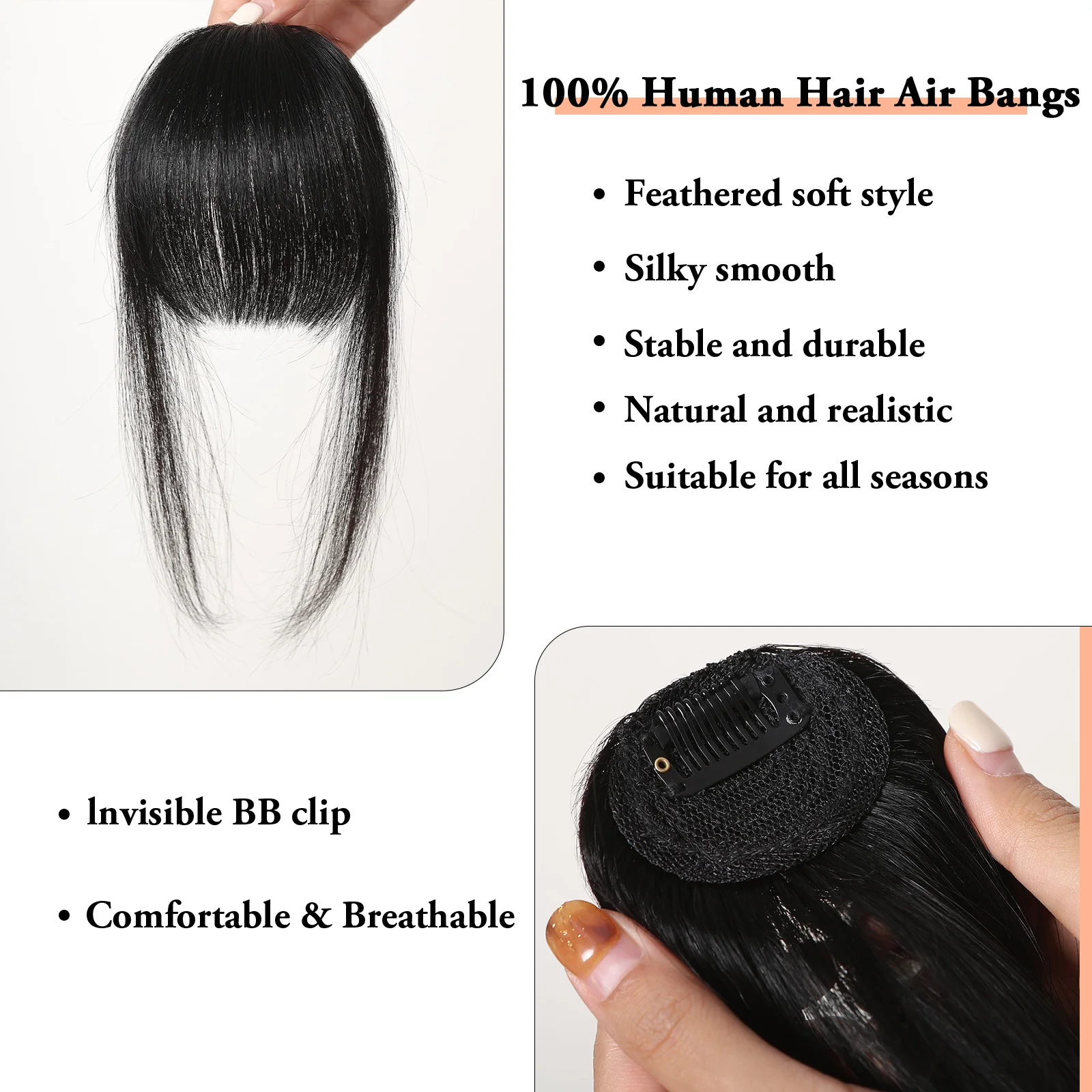 Natural Preto Wispy Bangs para Mulheres, 100% Cabelo Humano, Clip no Cabelo, Franja com Templos, Hairpiece, Air Bang, 4.5in