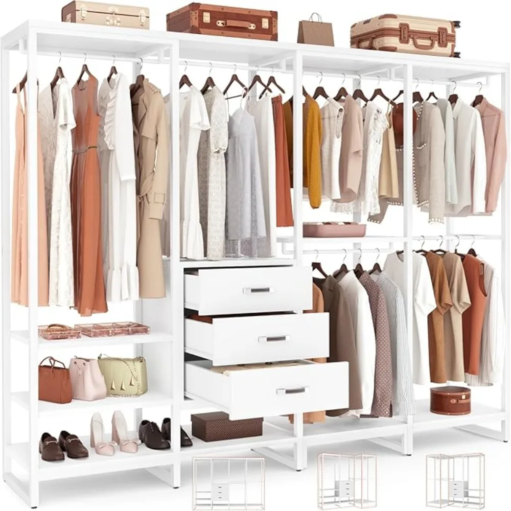 Wood Clothes Rack Wardrobe Closet ,Large Corner L Shaped Closet System Organizers Walk-in Closet for Bedroom with 3 Wood Drawers