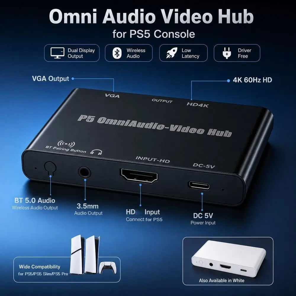 Wireless Audio Omni Audio Video Hub DC-5V Plug and Play Support HD/VGA Output Audio Expander Connection Box for PS5 Console