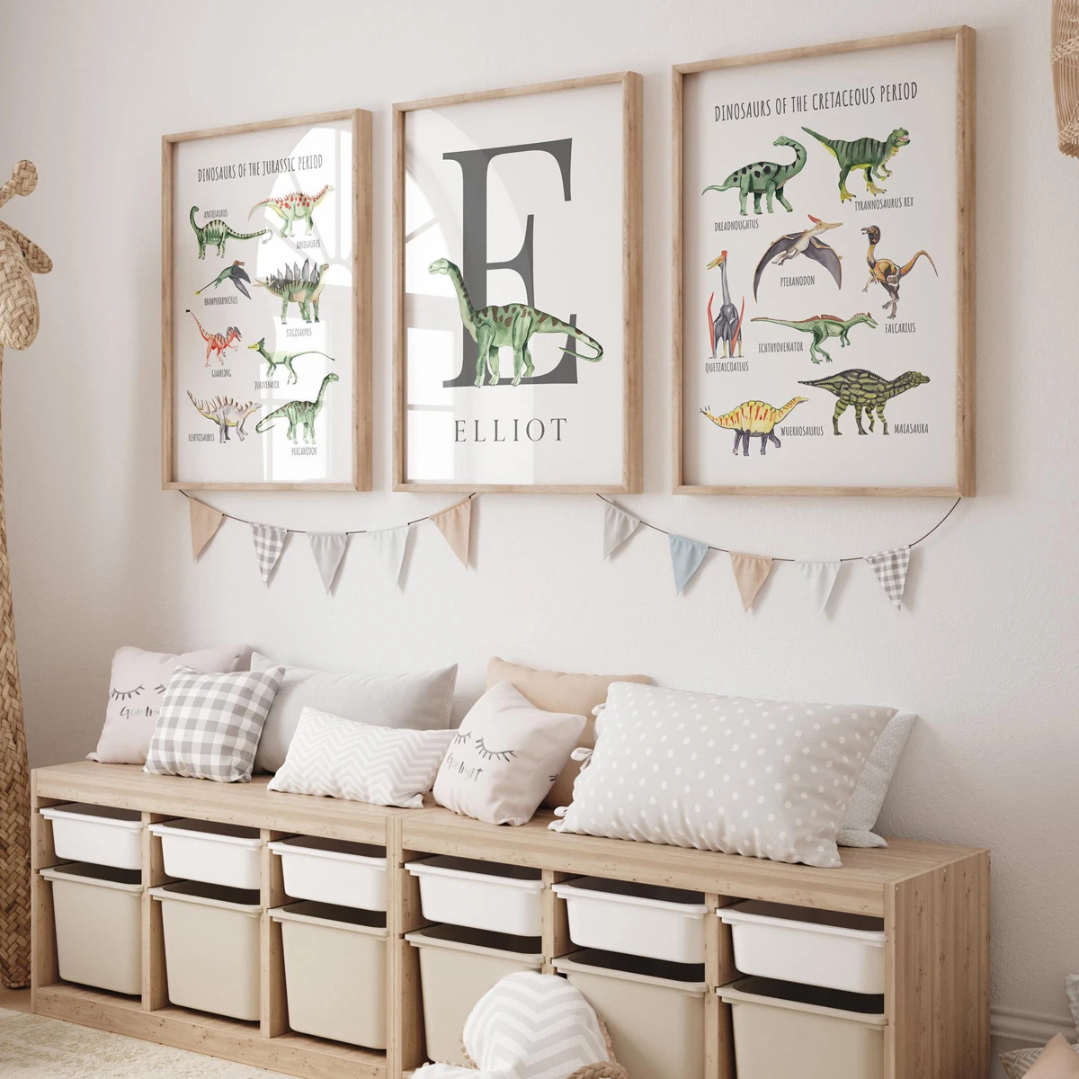 Custom 3pcs Name Frameless Wall Art Set- Personalized Cute Dinosaur Canvas Prints, Theme Posters for Nursery, Kids Room, Bedroom