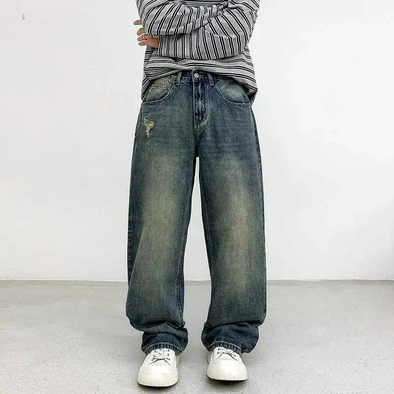 

Винтажные джинсы прямого кроя с эффектом потертости в американском стиле, свободные, с завышенной талией, осенне-зимняя повседневная модель для мужчин, рваные джинсы