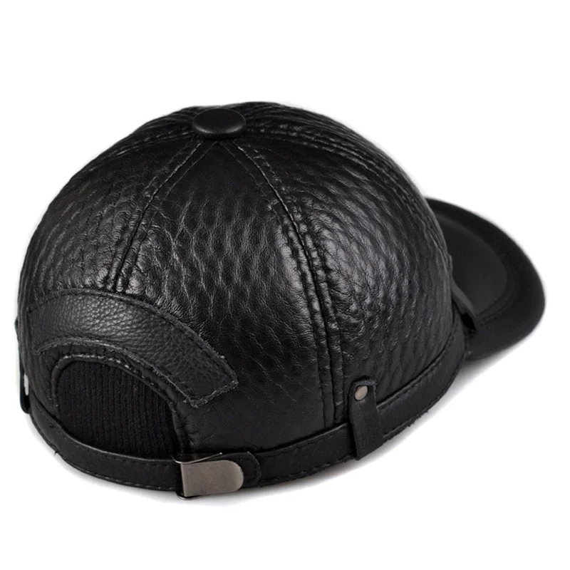 Hats For Man Spring/Winter Warm Genuine Leather Cowhide Head Protection Baseball Caps Black Plaid Embossing Adjustable