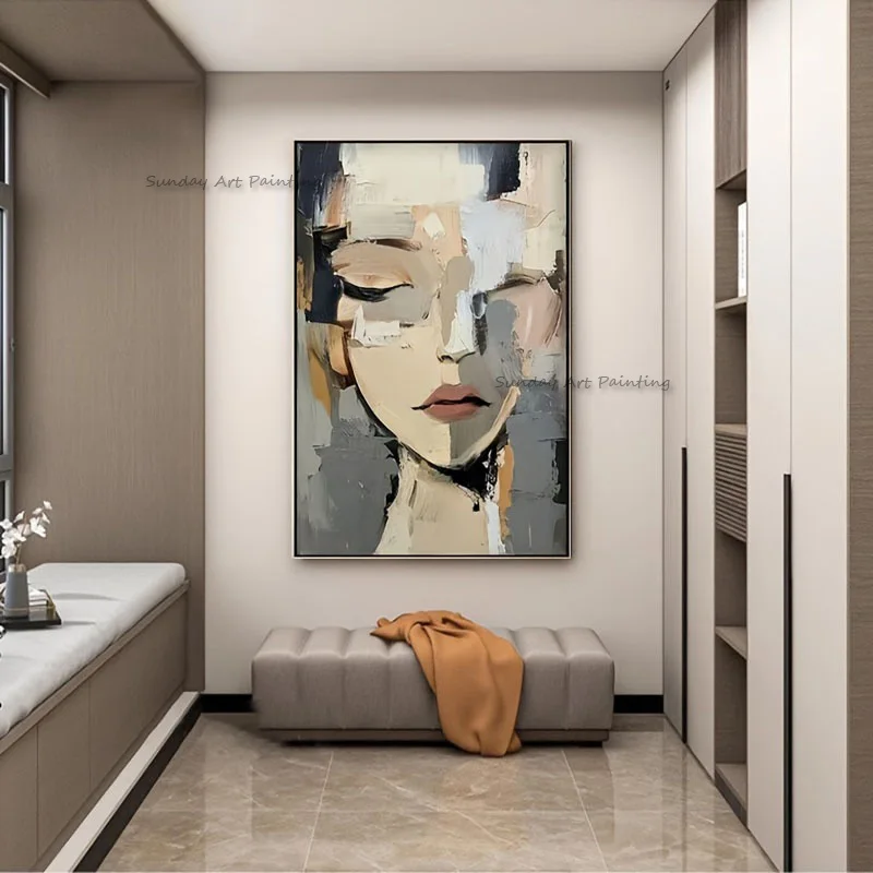 

Gray Beige Abstract Women Portrait Canvas Wall Art Decor For Bedroom Handmade Black Beige Girl Face Oil Painting As Gifts