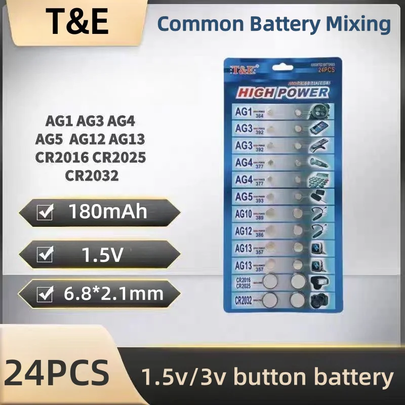 

24PCS 1.55V Button Batteries CR2032 CR2016 AG10 AG13 LR44 SR44 A76 for Watches Toys Remote Calculator (AG1 AG3 AG4 LR1154 L1142)