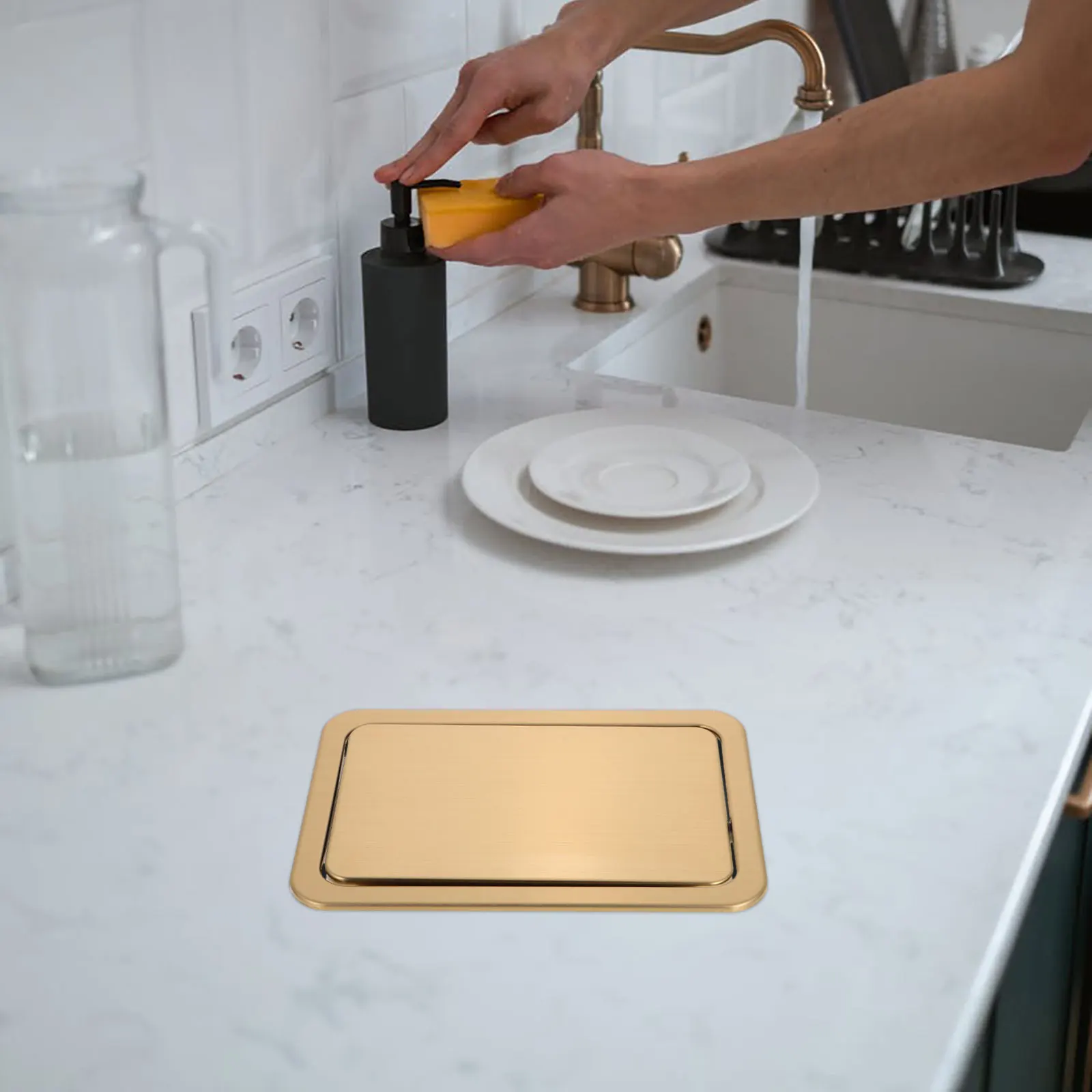 

Stainless Steel Trash Can Lid Swing Top Built-In Countertop Recessed Lid Cover Replacement For Kitchen Bathroom Commercial