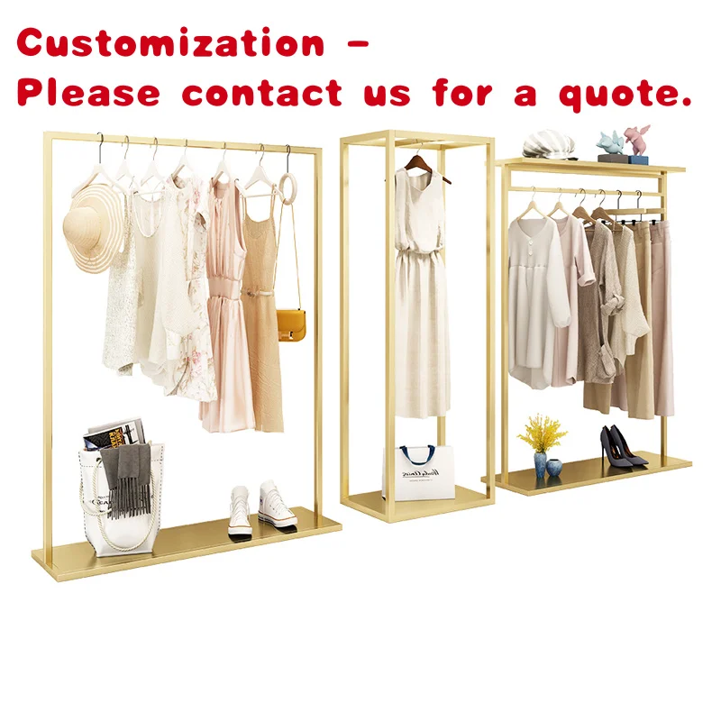 

custom.High Class Custom Luxury Stainless Steel Golden Rail Garment Store Furniture Haing Clothes Display Rack