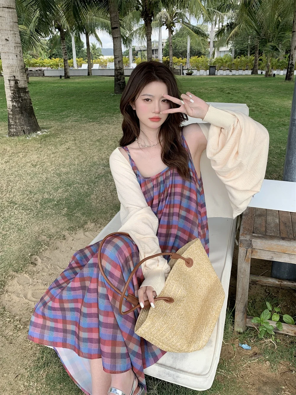 

plus Size Women's Vintage Red Plaid Strap Dress Summer New Style Slimming Color Block Long Skirt Casual Korean Style Midi Dress