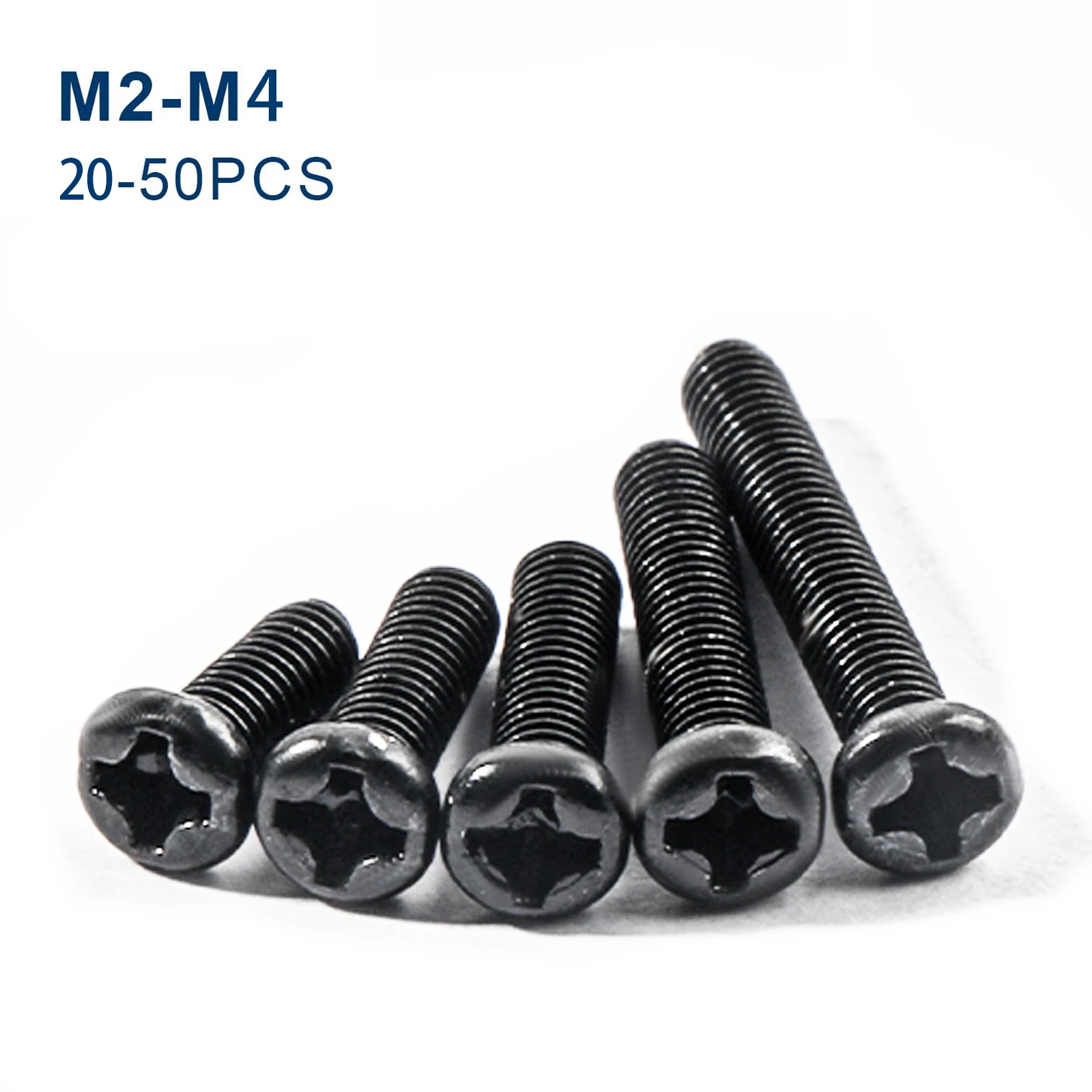 Tornillos de máquina de acero al carbono negro, Perno de cabeza redonda Phillips, 20-50 piezas, M2, M3, M4, 4/6/8/10/12/16/20/25/30mm