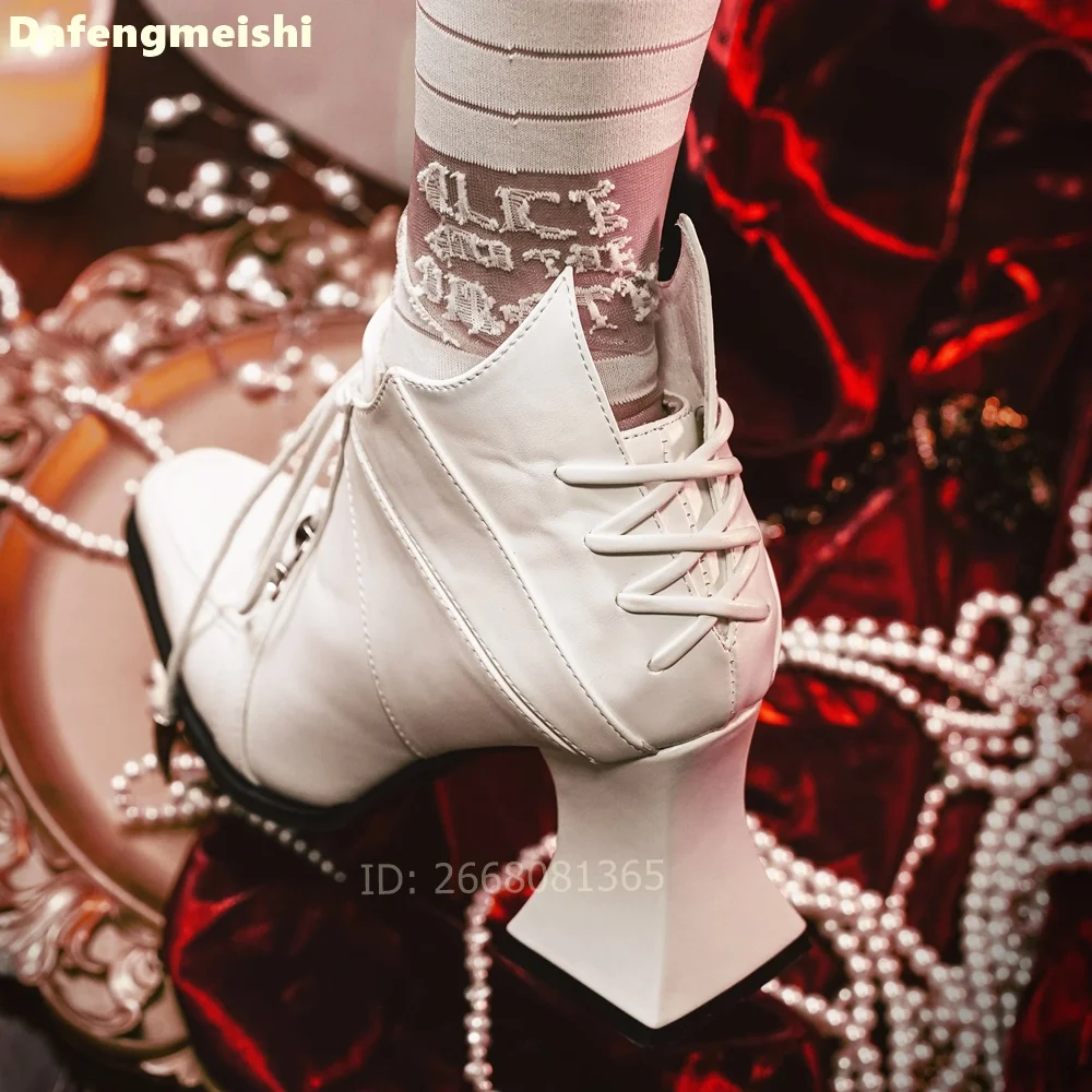 White Leather Square Toe Ankle Boots Front & Back Lace Up Block Heels Women Gothic Lolita Cosplay Daily Elegant Fashion Boots - view 3