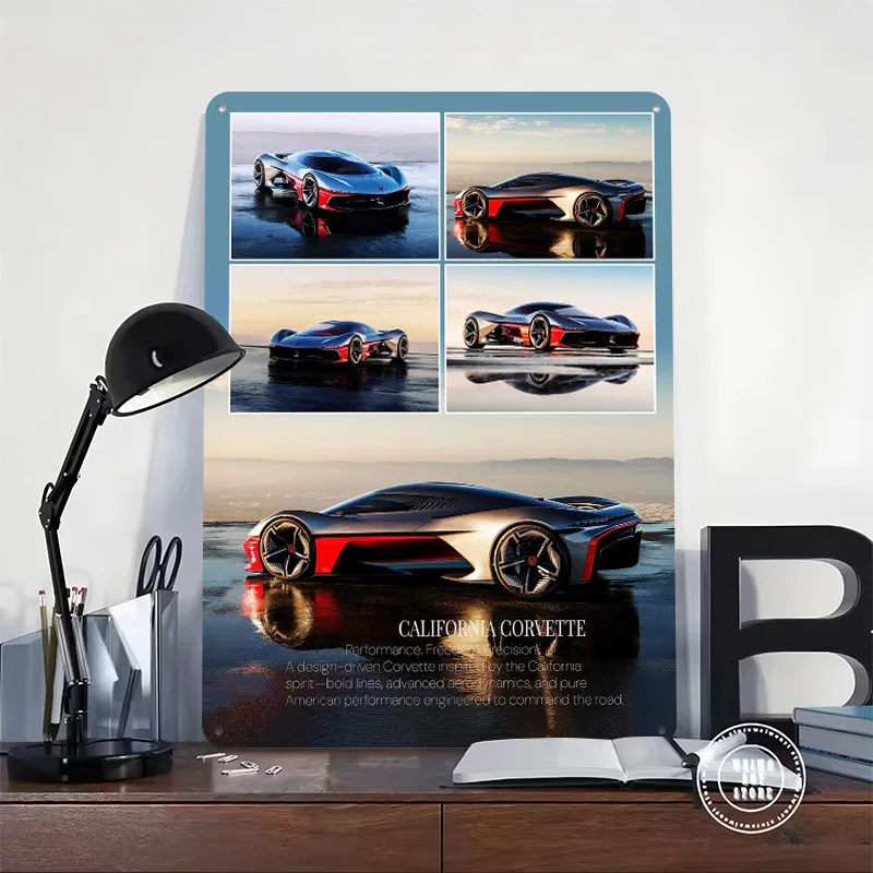 Sports California Corvette Concept Car Metal Poster Custom Wall Art Retro Vintage Tinplate Signs for Man Cave Bathroom Decor