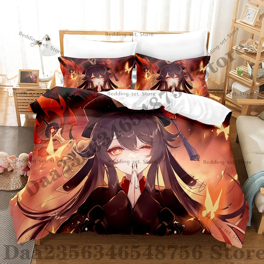 

Kawaii Anime Hu Tao Bedding Set Single TwiThree Piece Bedding Set - Luxury Comforter Set with Queen King Size Including Anime