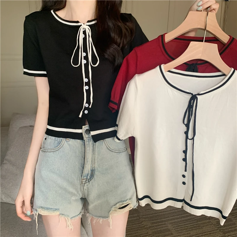 Ice Silk Knitted T-shirt Women Summer Short Sleeve Slim Tie Top