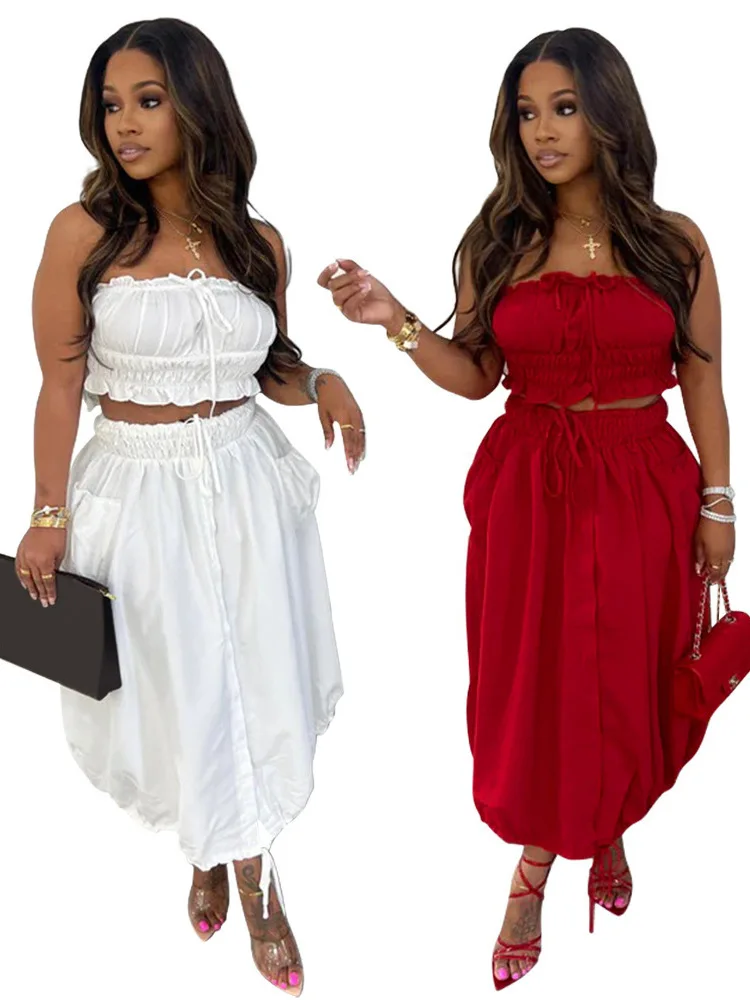 Strapless Short Top Paired With Loose Skirt, Fashionable And Casual Two-Piece Set For Women