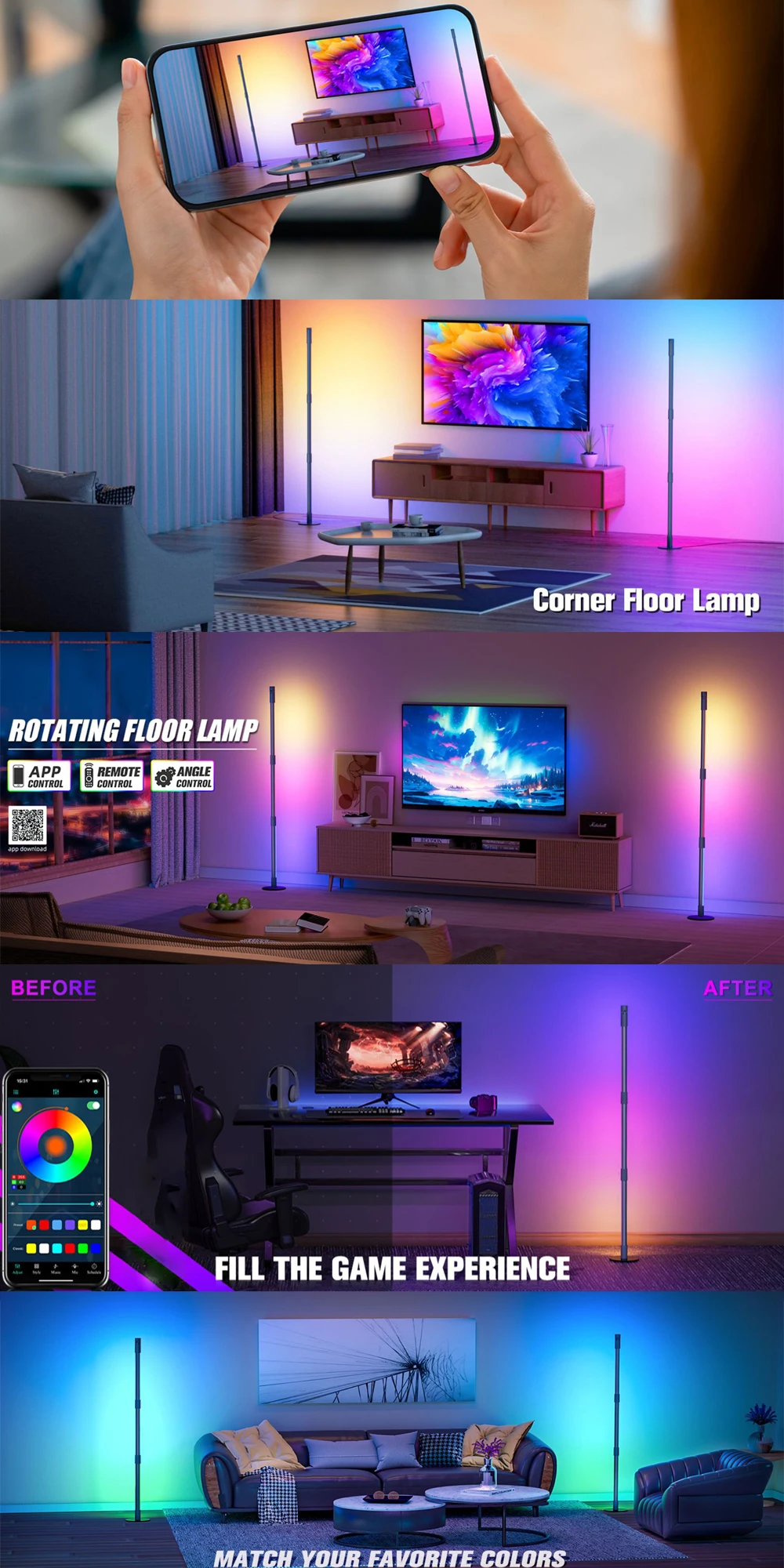 135cm RGB LED Floor Lamp Fantasy Atmosphere Lamp Colorful Dimmable Floor Lamp Rotatable Corner Lamp Bedside Floor Reading Lamp