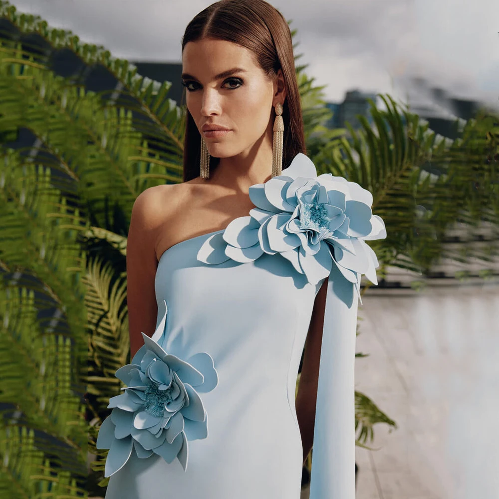 DRESS FORU Sky Blue Klassische Abendkleider Jersey für bodenlangen One-Shoulder-Abschlussballkleid Blume Vestidos De Fiesta Maßgeschneidert