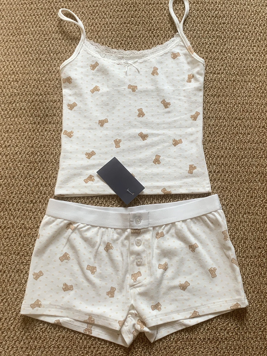 

Little Bear Hearts Tank Shorts Set Woman Lace Trim Bow Slim Camisole+Buttons Elastic Waist Boy Shorts Cotton Pajama 2 Piece Sets