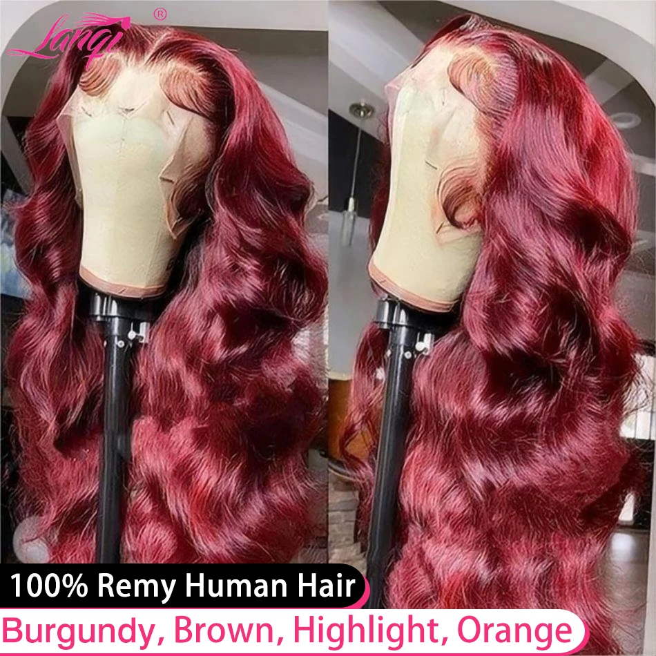 

200% 99J Burgundy Body Wave Human Hair Lace Frontal Wig Highlight 13x4 Transparent Lace Front Wigs Orange Ginger Human Hair Wigs