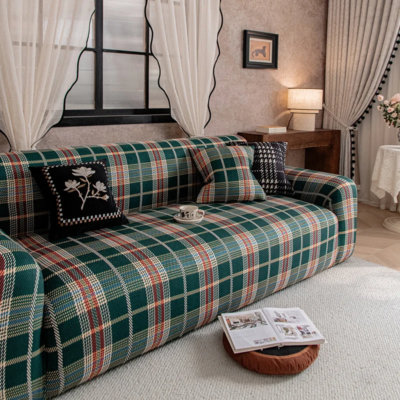 1PC Vintage Plaid Stretch Sofa Cover Elastic Universal Couch Slipcover Anti‑slip Furniture Protector for Living Room
