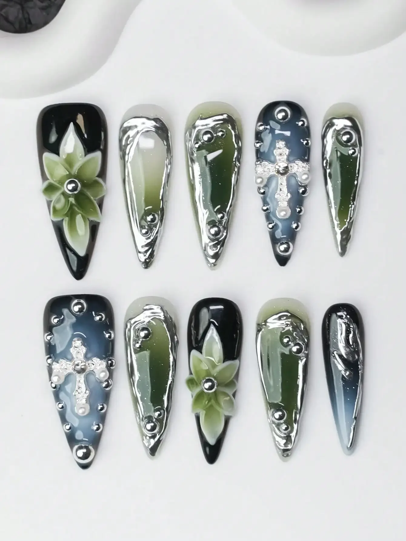 10pcs/Set Handmade Almond-Shaped Y2K Baddie Style Press-On Nails, Black/Green/Silver Nail Plates With Cross, Asymmetrical