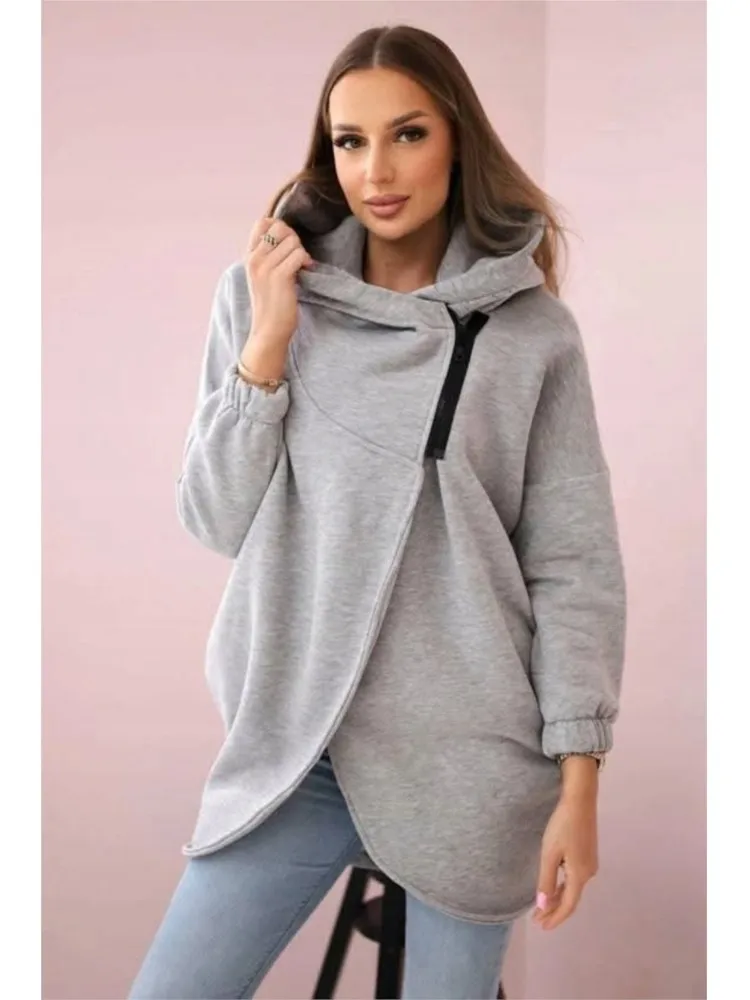 Women Fashion Irregular Zipper Fleece Sweatshirt Hooded Autumn Winter Casual Solid Color Long-sleeved Loose Coat Female Hoodie