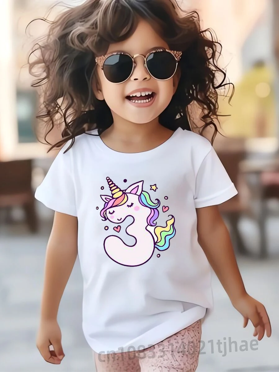 Cartoon Unicorn 0-9 Birthday Kids Tshirts for Girls Party T-shirts Baby Tops Children Tees Girl Clothes