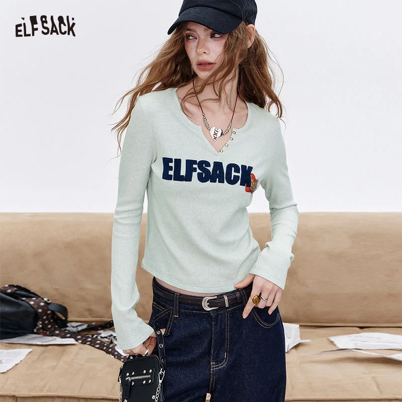

ELFSACK 2025 Autumn New Arrival V-Neck Solid Color Long Sleeve Letter Logo Knit Sweater For Woman