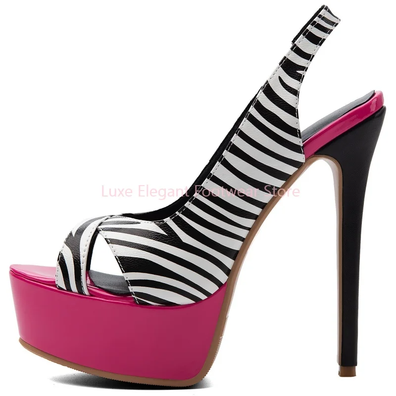 Zebra Print Peep Toe Slingback Platform Sandals Women Pink Back Strap Thin High Heels Hot Chick Club Summer Shoes New Arrival